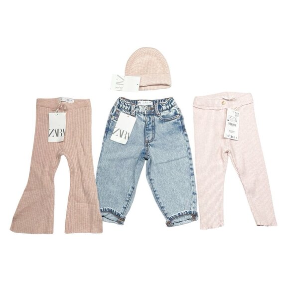 NWT Zara 9-12 month Girls Knit Pants, Jeans, & Beanie Bundle Pink Blue Denim - Picture 1 of 11